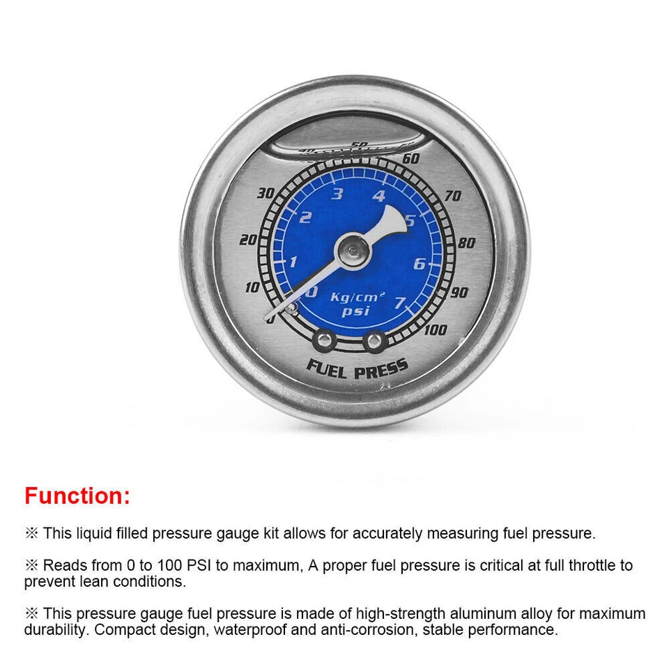 Fuel Pressure Gauge Liquid Filled Meter 1/8 NPT 100PSI For VMS Honda Acura Civic - Image 3 of 4