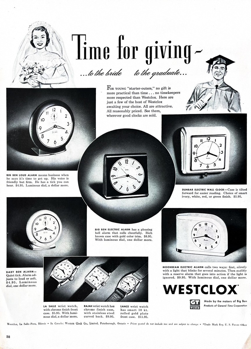 1950 WESTCLOX CLOCKS Large Vintage Print Ad Bridal or Grad Gift