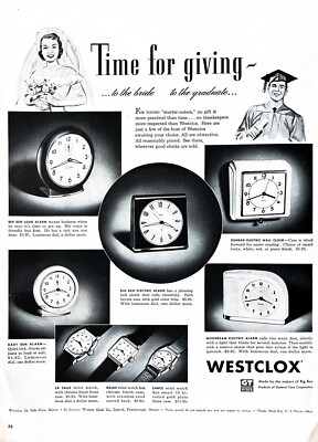 1950 WESTCLOX CLOCKS Large Vintage Print Ad Bridal or Grad Gift
