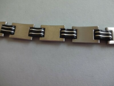 Bracelet Gourmette Acier Poli Et Satiné - Longueur 21 Cm, Couleur Gris Acier/noir, Occasion Homme