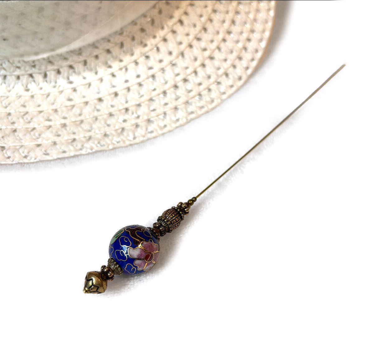 Hatpin with Vintage Tibetan Dark Blue Cloisonne on antique Brass Finish 8"