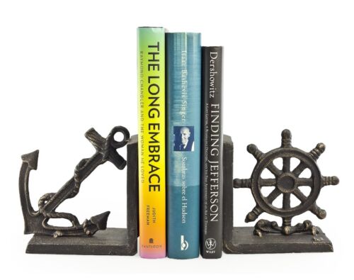 Nautical Bookend Set ~ Solid Iron Anchor & Helm Book Holder Decor, Bronze Finish