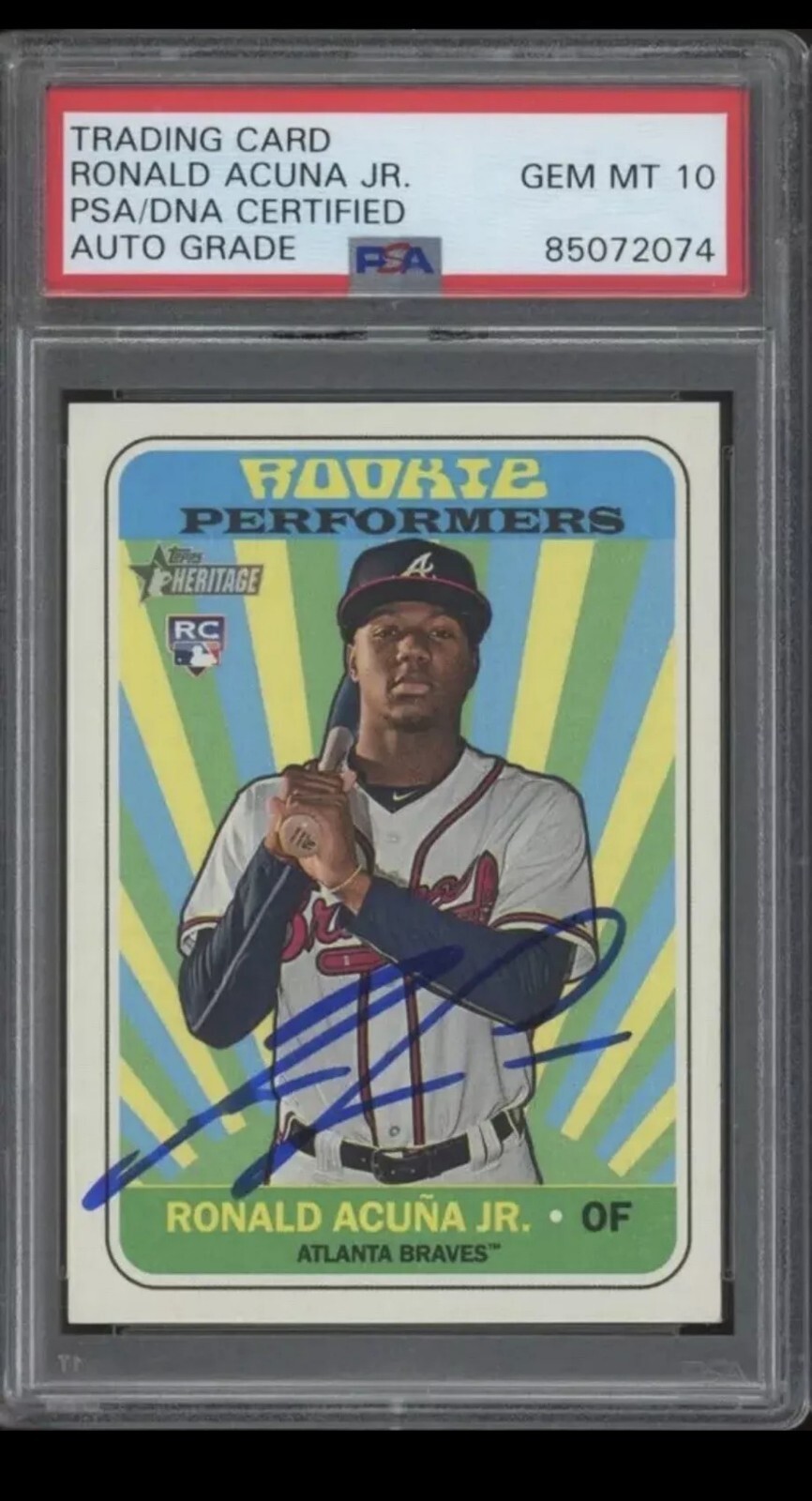 2018 Topps Heritage Rookie Performer Ronald Acuna Jr RC Gem Mint PSA DNA 10 Auto