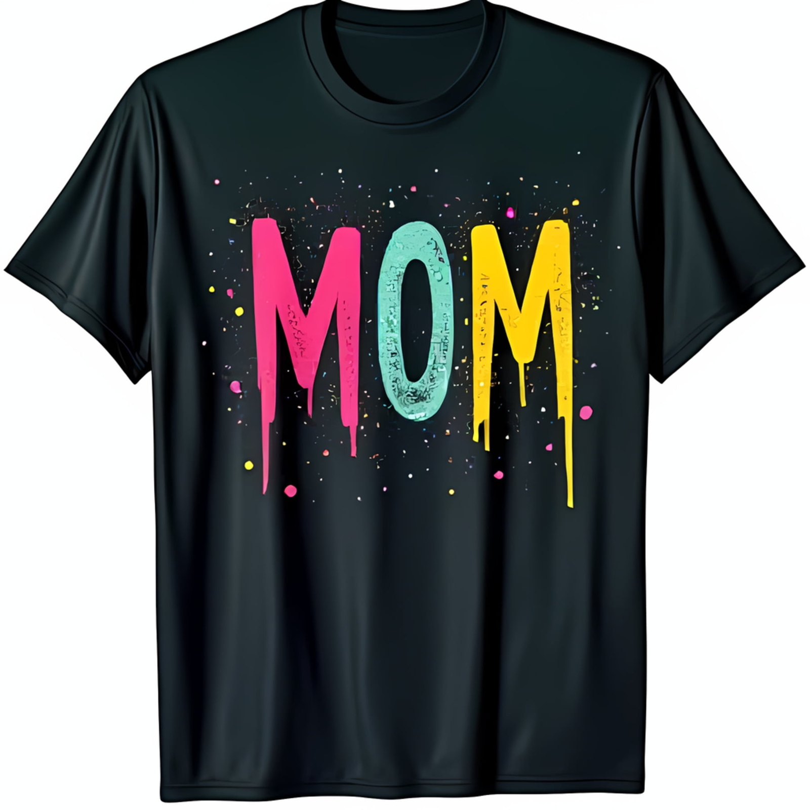 Vibrant Black T-Shirt with Bold MOM Graphic Colorful Splatter Design