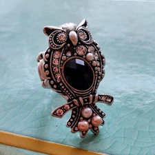 Black Crystal Pearl Owl Bird Cocktail Ring Stretch Adjustable