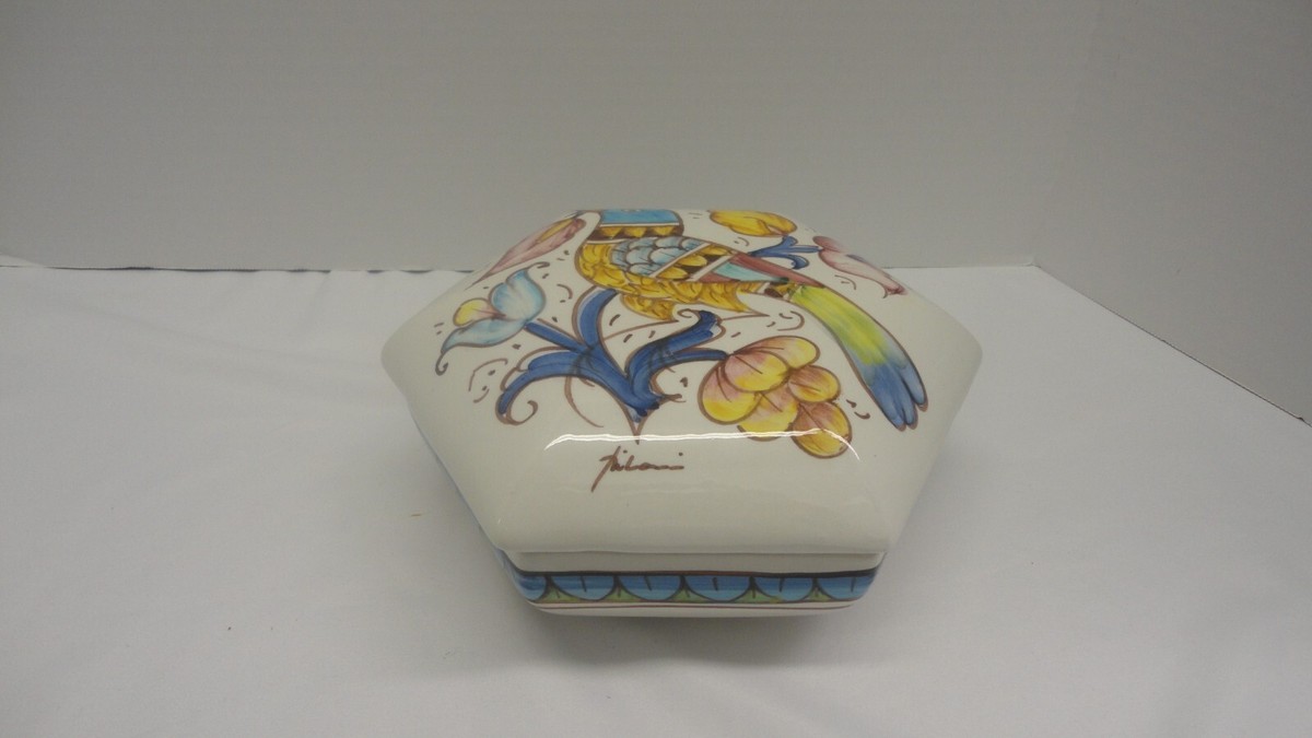 Rare Gubbio Italy CAFF Signed Hexagon Shaped Bowl W Lid Bird Rare Gubbio Italy CAFF Signed Hexagon Shaped Bowl W Lid Bird