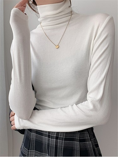 Strick Schmal Rollkragen Pullover Einfarbig Unterteil Langarm Minimalistisch Damen - Bild 11 von 23