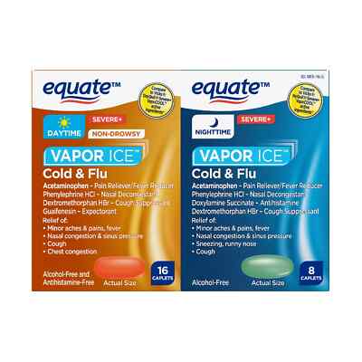 Equate Vapor Ice Day and Night Severe Cold & Flu Caplets 24Ct 4 oz EXP 07/25