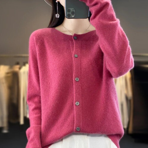 Merino Wool Long Sleeve Knitted Cashmere Sweater Ladies Knitted O-neck Cardigan - Picture 12 of 39