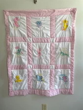 Vtg Embroidered Baby Quilt Handmade Pink With Animals 40"x50"
