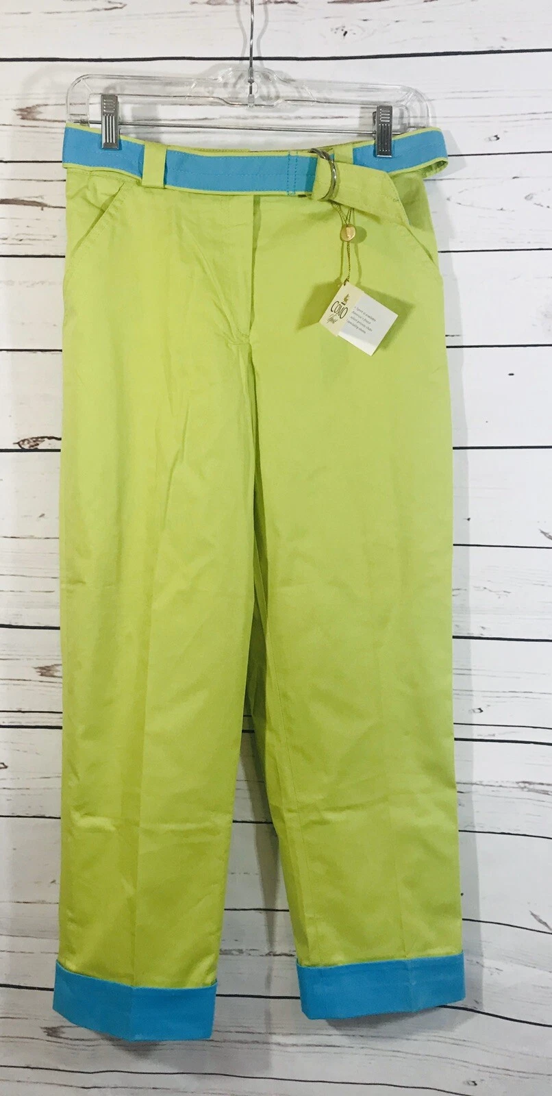 Como Sport Cropped Pants Womens Sz 4 Green Belted Capri Straight Leg Cuffed New