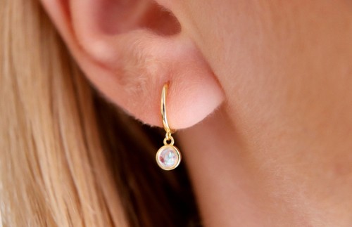 925 Sterling Silver Moonstone Round Dangle Hoop Drop Earrings, Gold Hoops - Picture 3 of 8