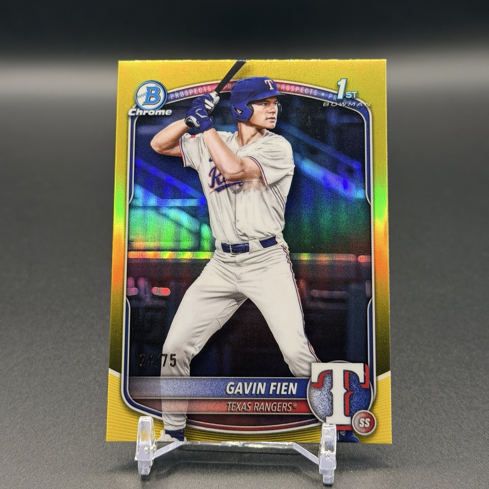 2025 BOWMAN CHROME DRAFT GAVIN FIEN 1ST TRUE YELLOW REFRACTOR RANGERS /75