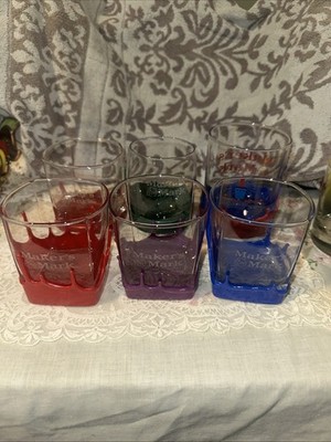 Lot Of 6 Makers Mark Whiskey Glass Multi ColorWax Dipped Bourbon Kentucky Whisky