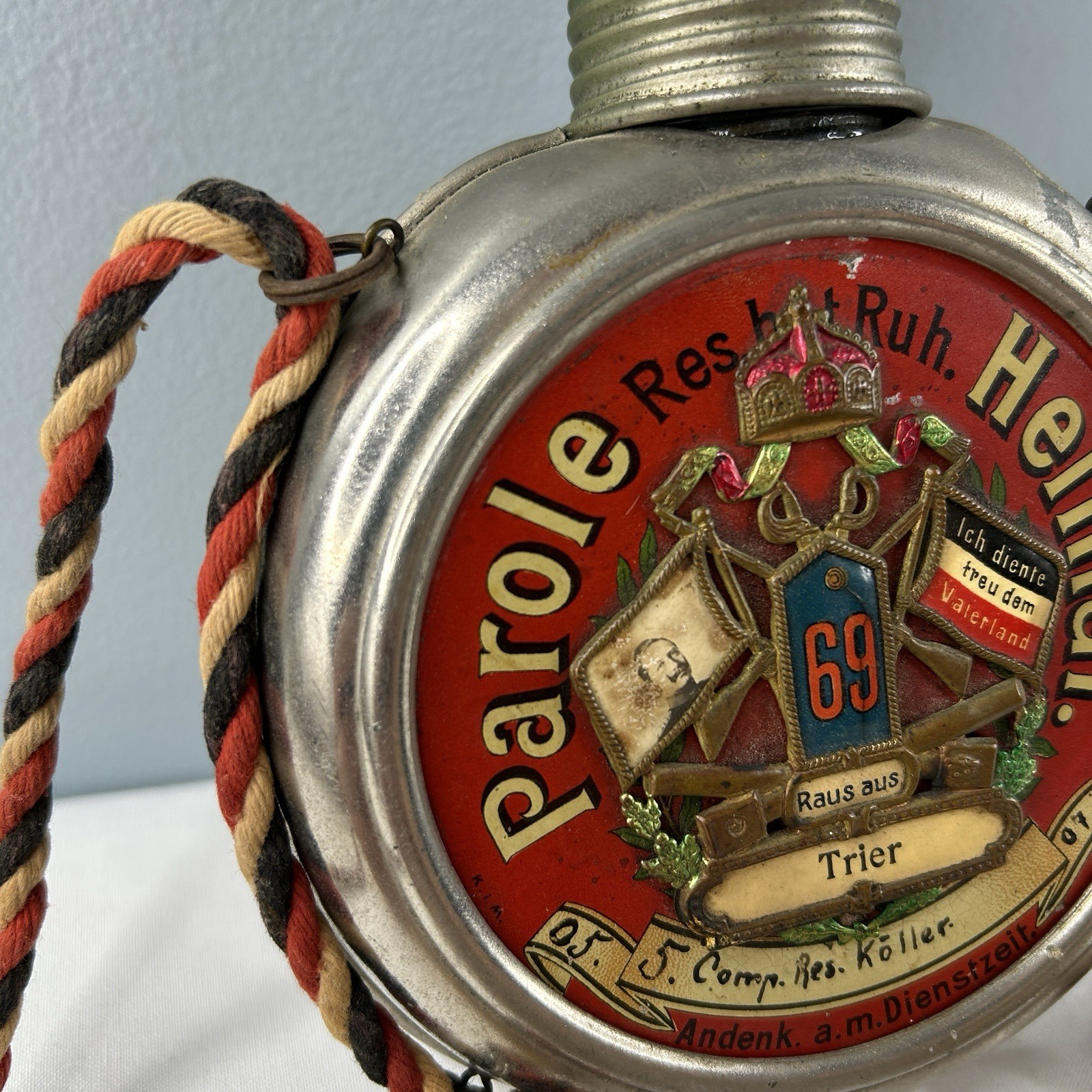 Pre WWI German Flask Metal/Glass Parole Heimat Soldier Reservist