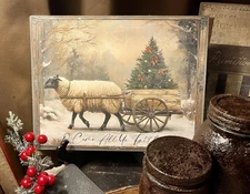 Primitive Christmas Sheep Canvas Sign #1