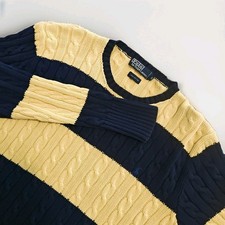 Vintage Polo Ralph Lauren Mens XL Cable Knit Sweater Striped Yellow Blue 90s