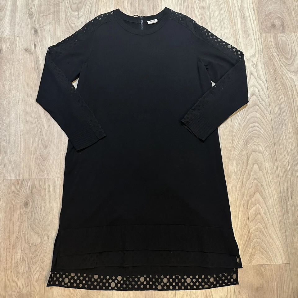 Vestido AKRIS Punto 100% Lana Pequeño Negro Talla 14 Manga Larga, Diseño Corte Láser Usado en Excelente Condición Foto 4 de 4