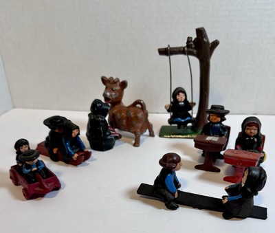 Vintage Cast Iron Amish Family Members & Props. 1997 John Wright Figurines.