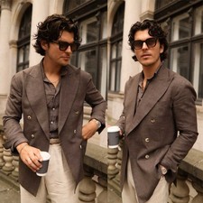 Summer Linen Jacket for Men Thin Breathable Blazer Double Breasted Wide Lapel