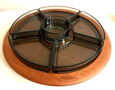 Digsmed Denmark Danish Modern Teak Lazy Susan w/ Smoked Glass Dishes Spins 7 Pc