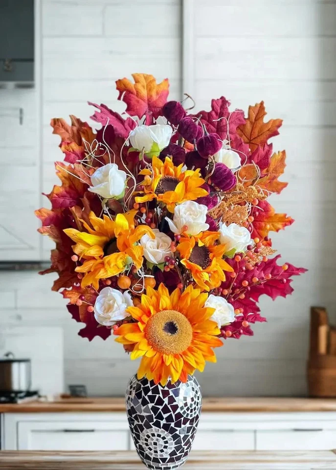 Centro de mesa Otoño Girasol Otoño Malva Borgoña Salón Comedor Decoración Acento Foto 4 de 4