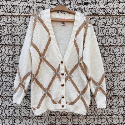 Vintage Argyle pattern with bead detail button down cardigan sweater LARGE