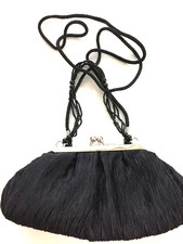 Small evening bag purse 12 x 9 black pleated cloth beaded handle shoulder cord
