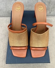 NIB MALONE SOULIERS TWO TONE RAFFIA LEATHER TAN/COGNAC SLIDE MULES SANDALS SZ 40