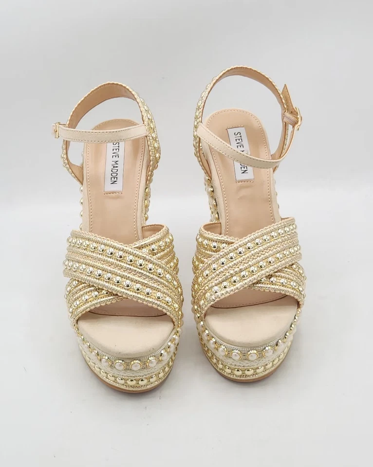 Sandalias de cuña Steve Madden Juniper plataforma perlas doradas acento talla 11 Foto 2 de 4