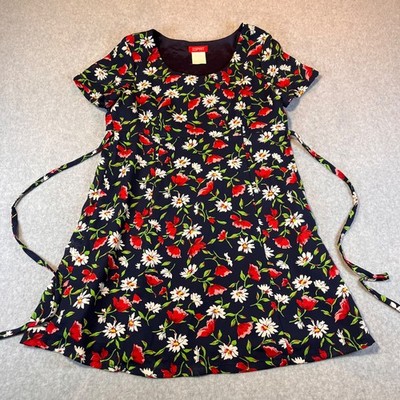 Vintage ESPRIT Floral Dress Womens Medium Navy Red Daisy Print 90s Tie Waist