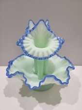 Fenton Cobalt Crest Satin Green Epergne ~ Harder To Find ~ EXQUISITE!!! 