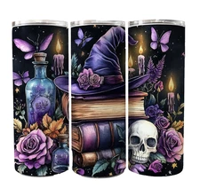 Witchy Spells Books Flowers Skull Goth Halloween Fall 20oz Tumbler Insulated Mug