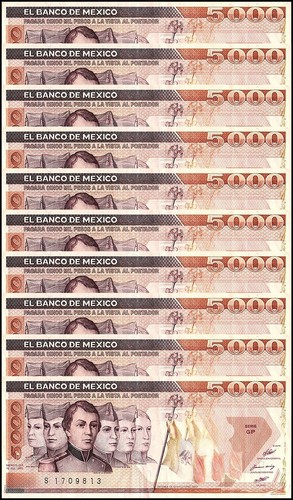 Messico 5000 Pesos, 1985-1989, P-88, usato x 10 pezzi - Foto 1 di 2