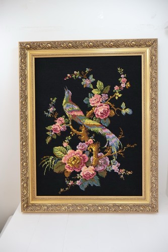 Arazzo vintage completo punto ago uccellino rose cornice ornata oro 30” x 25” - Foto 4 di 12