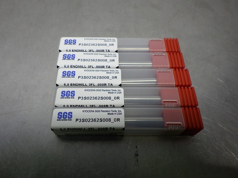 5 NEW! KYOCERA SGS 6.0mm Carbide 3 Flute End Mills #P3S02362S008_0R