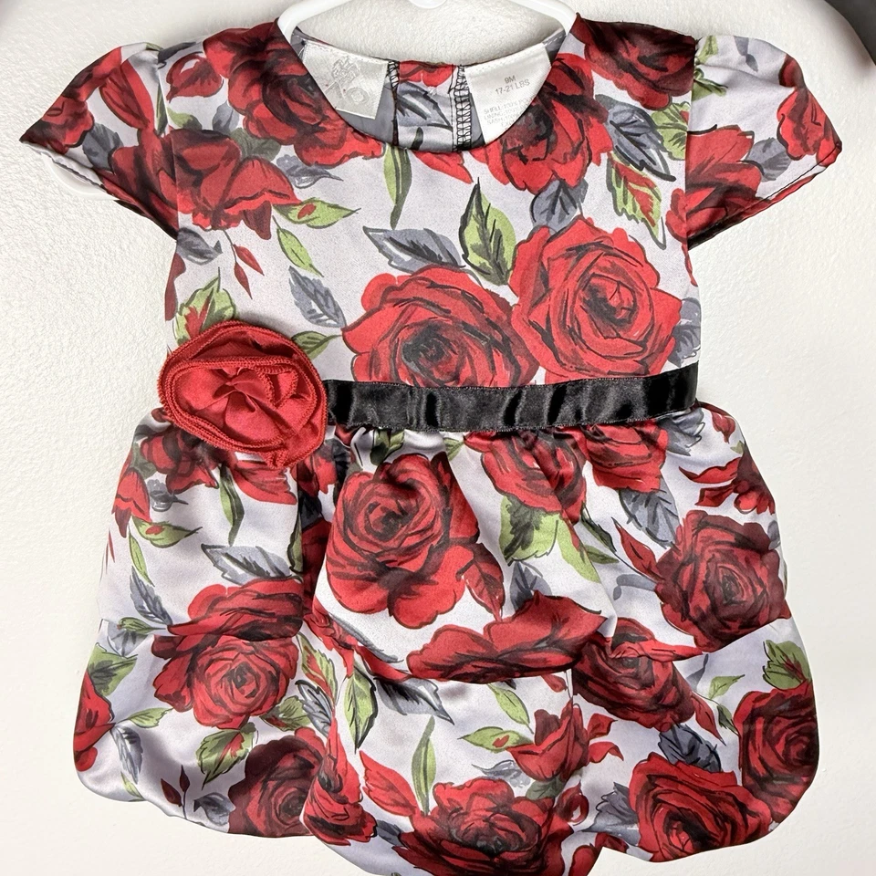 Vestido FAO negro bebé niña floral satinado con faja negra y rosa roja Foto 2 de 4