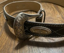 Dark Brown Leather Western Style Belt With Silver Buckle And Oval Conches