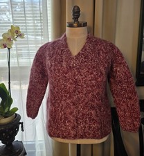 VTG Fuzzy Handmade Mohair Wool V-NECK Sweater Cable-Knit Made in Italy Red M-L