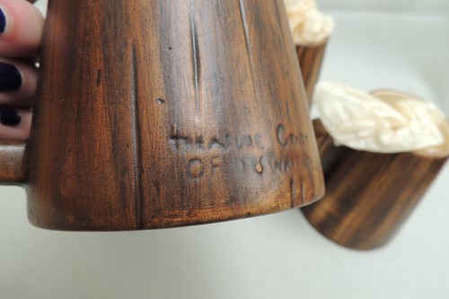 Vintage Treasure Craft Hawaii Pineapple Tiki Woodgrain Mugs Set of Four 60s NIB - Picture 5 of 11