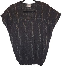 VTG 90s Womens 1X Black Sparkly Sweater Keneth Too Crop Sleeve V Neck Metallic