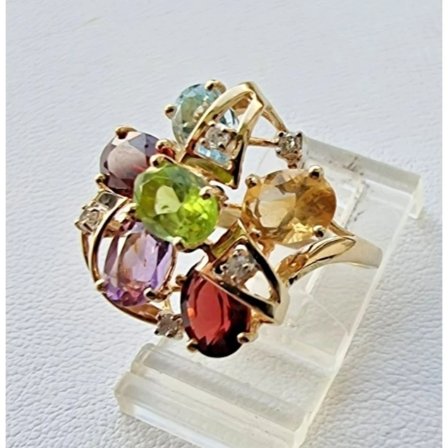 ORO AMARILLO 14K 585 DIAMANTE Y 7x5 mm. ANILLO MULTI PIEDRAS PRECIOSAS TALLA 5.75, 4.9 AT Foto 3 de 4