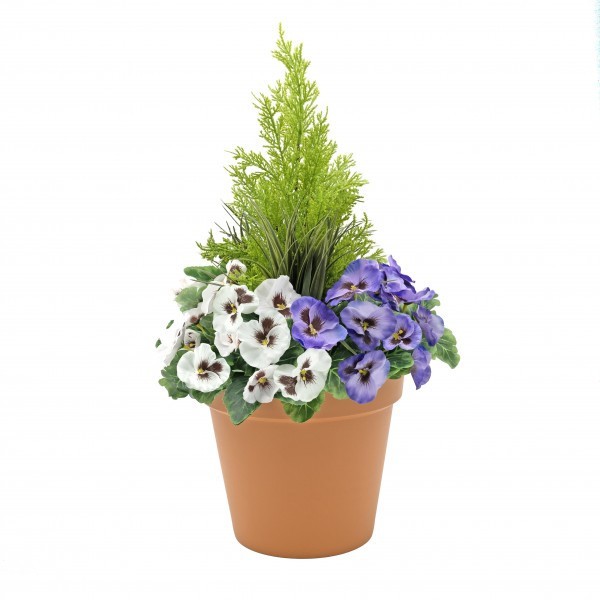 Artificial Patio Planter Purple White Pansies Conifer/Cedar Topiary in Pot