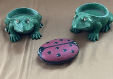 VTG Lot of 2 Ceramic Green Frog Votive Holders & 1 Hand Painted Lady Bug Rock