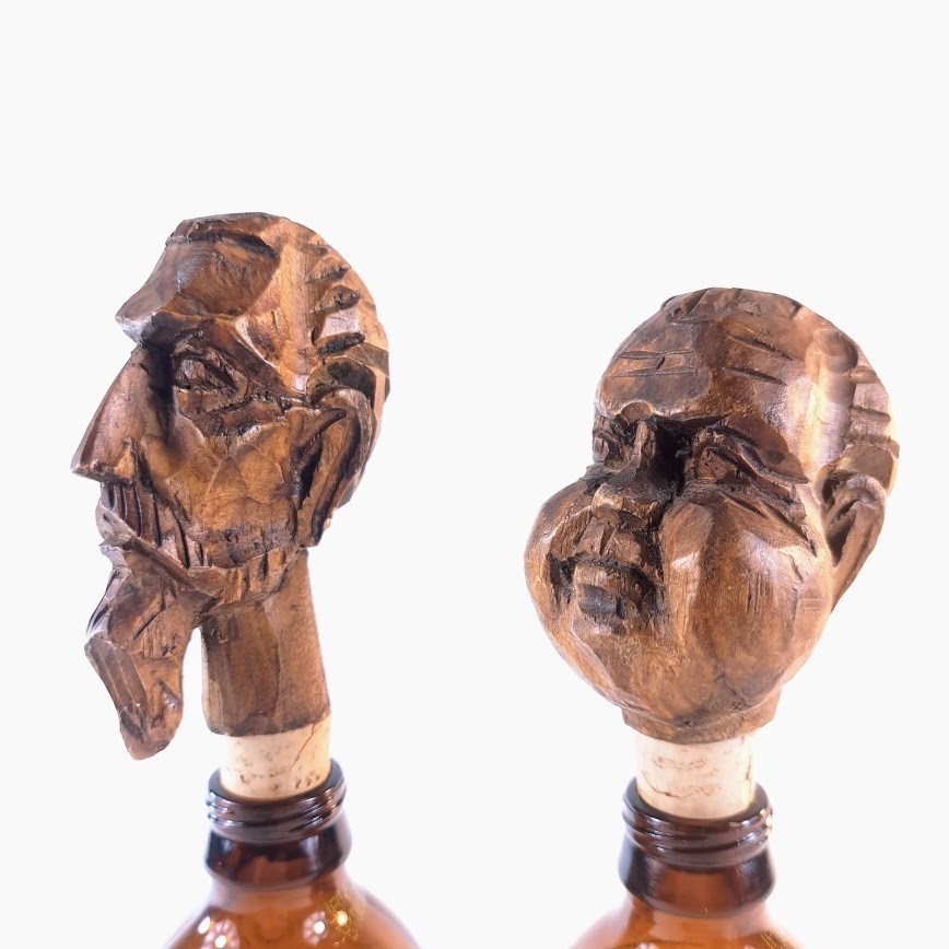 Tapón de botella de vino de corcho Don Quijote y Sancho Panza de madera tallada a mano vintage