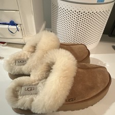 UGG Disquette Women s Suede Shearling Faux Fur Lined Clog Slippers 8 Brown