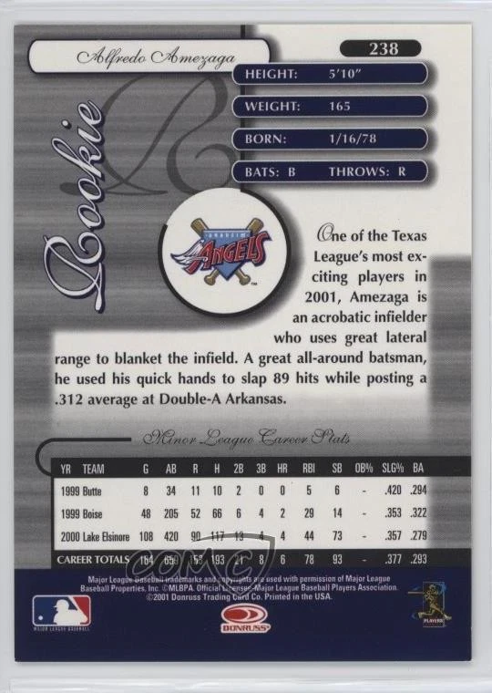 2001 Donruss Elite Rookie /1000 Alfredo Amezaga #238 Rookie RC - Image 2 of 2