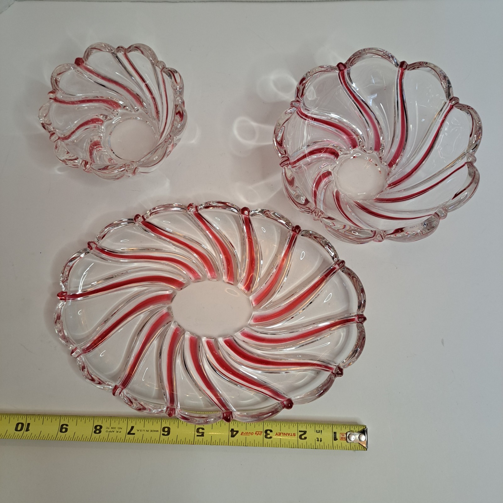 Vintage Mikasa Peppermint Swirl Red & Clear Candy/ Trinket Dishes, Set of 3