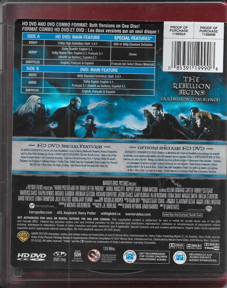 HD DVD-HARRY POTTER  AND THE ORDER OF THE PHO- 2002-ENG/FREN-FREE SHIP IN CANADA - Image 3 of 4
