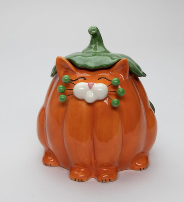 Fine Ceramic Whisker Cat Pumpkin Design Candy Box, 5-7/8'' H